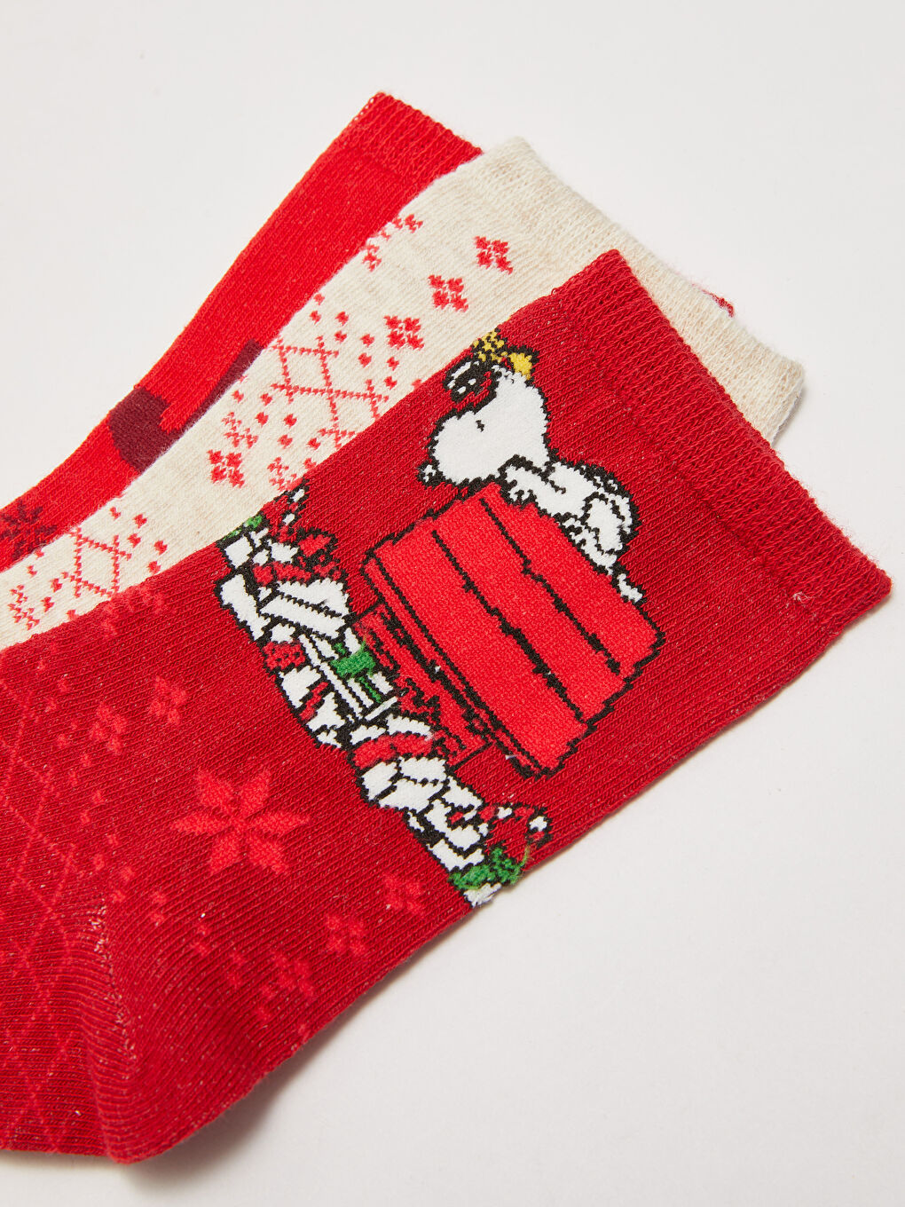 Kırmızı Yılbaşı Temalı Snoopy Baskılı Kadın Soket Çorap 3'lü Paket-2