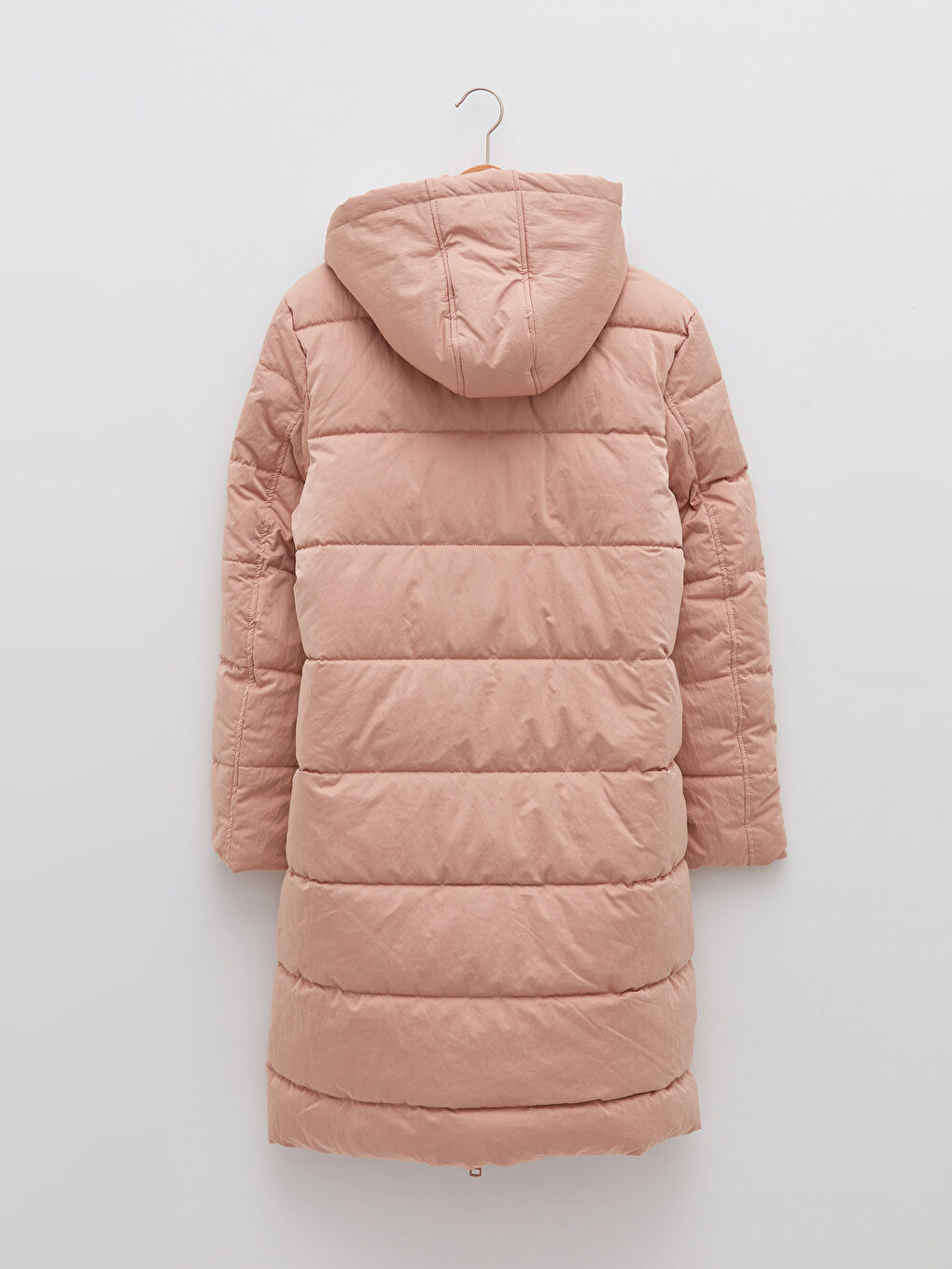 Әйелдерге арналған капюшонды өрнексіз қалтасы бар ұзын жеңді пуховик пальто-7