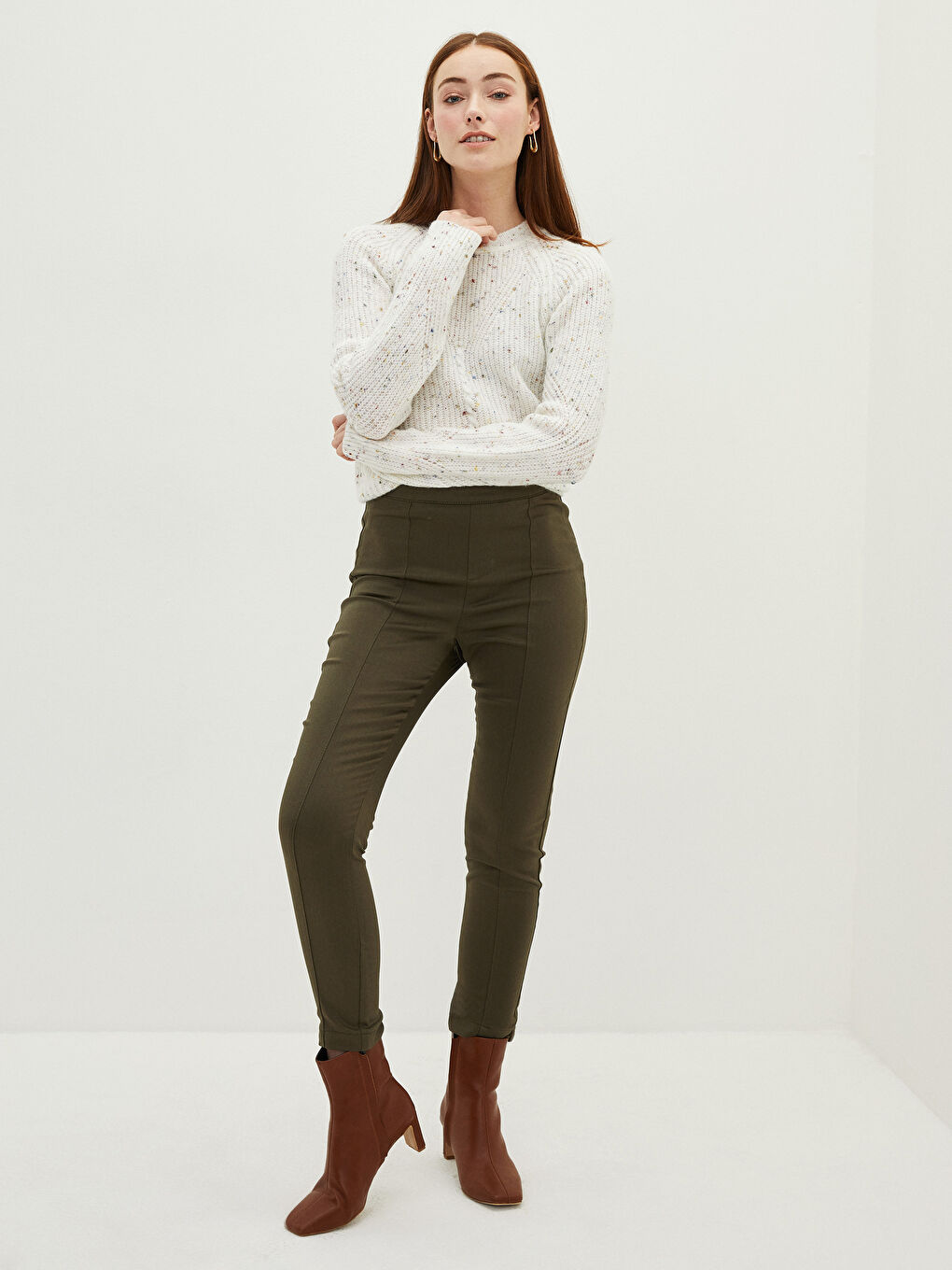 Haki Kadın Beli Lastikli Düz Havuç Pantolon