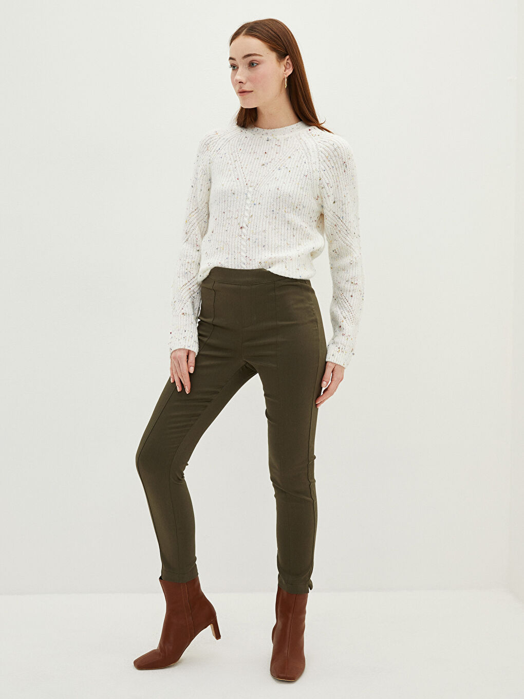 Haki Kadın Beli Lastikli Düz Havuç Pantolon-2