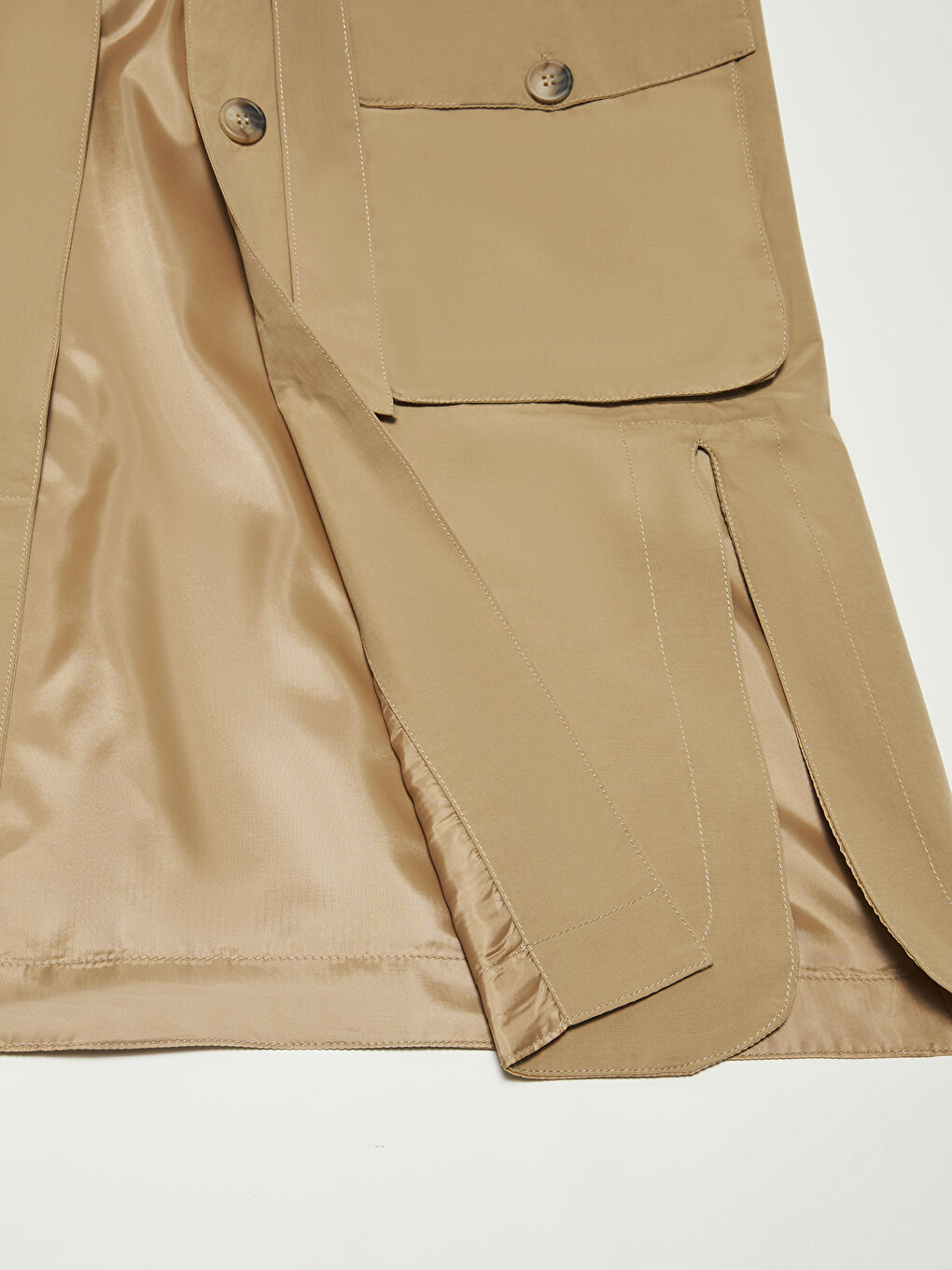 Bej Dik Yaka Kemerli Uzun Kollu İnce Kadın Mont-5