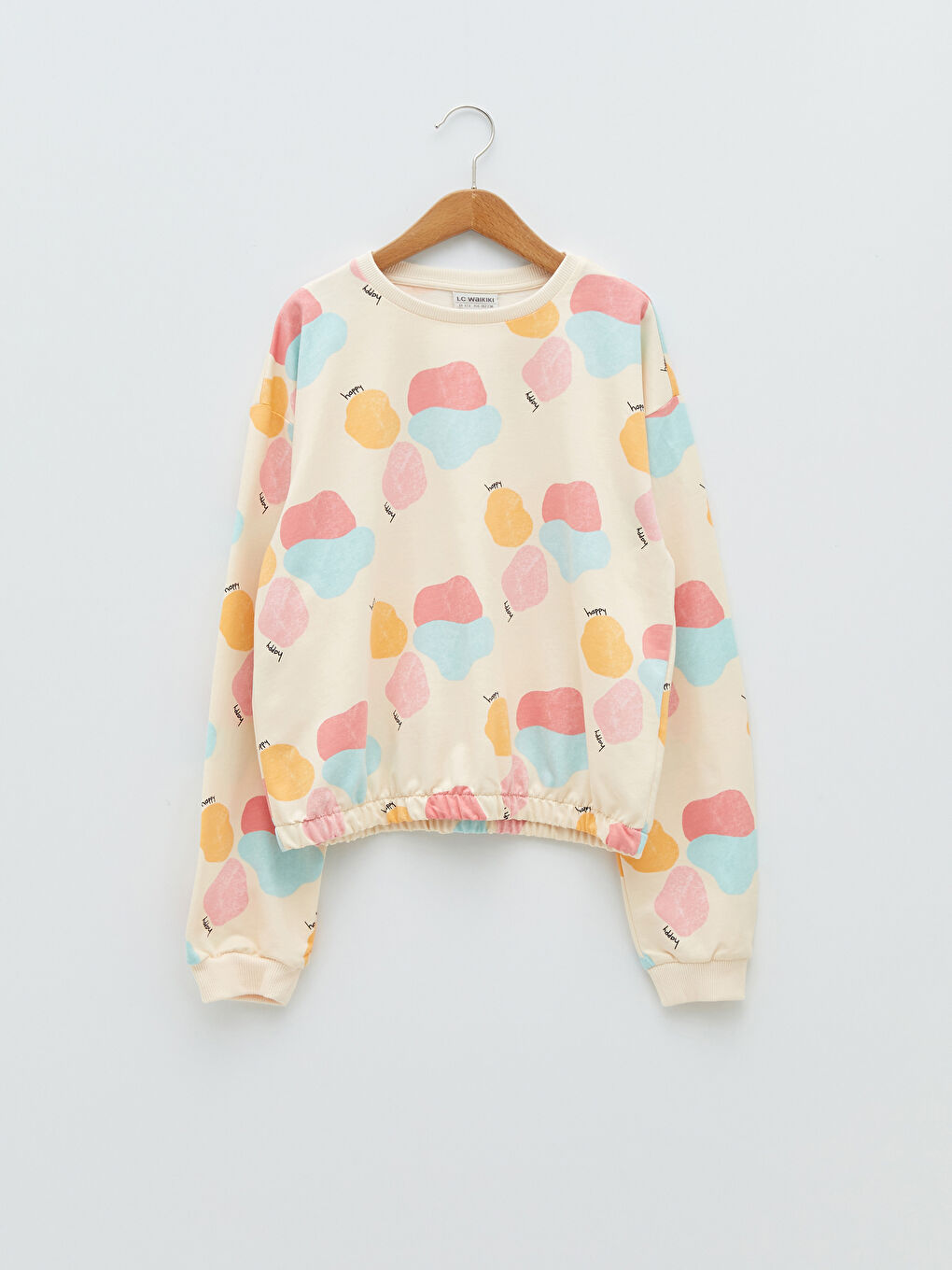 Ekru Bisiklet Yaka Baskılı Uzun Kollu Kız Çocuk Sweatshirt ve Eşofman Altı-1