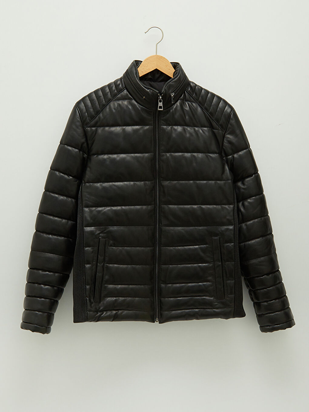 Siyah Standart Kalıp Dik Yaka Erkek Deri Mont-5