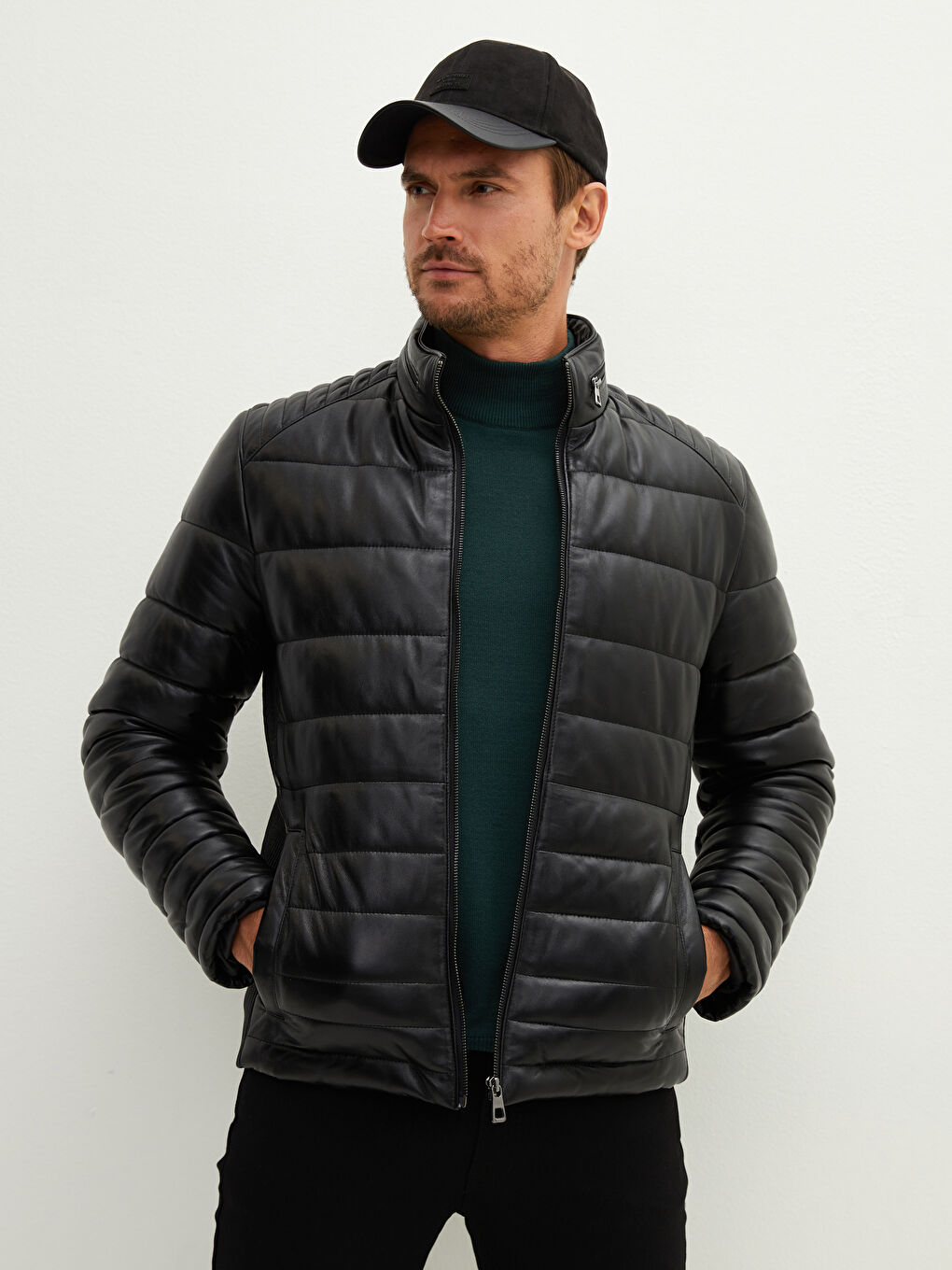 Siyah Standart Kalıp Dik Yaka Erkek Deri Mont-2