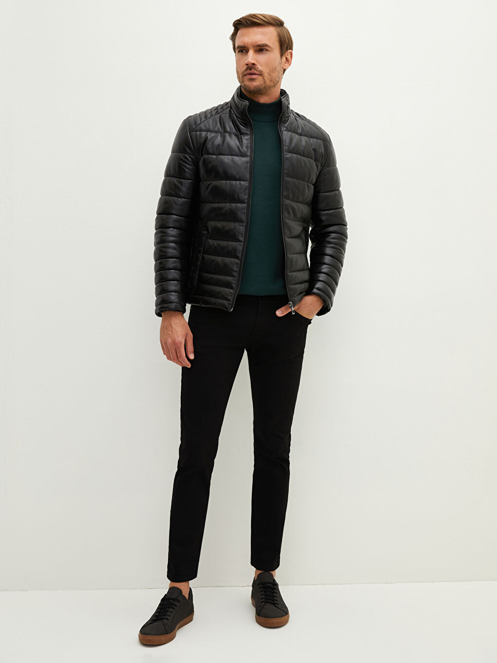 Siyah Standart Kalıp Dik Yaka Erkek Deri Mont-3