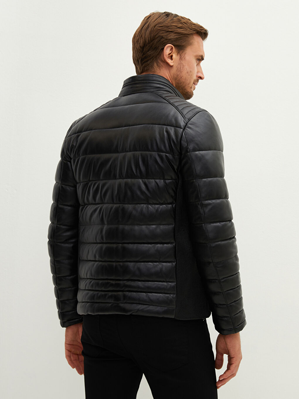 Siyah Standart Kalıp Dik Yaka Erkek Deri Mont-4