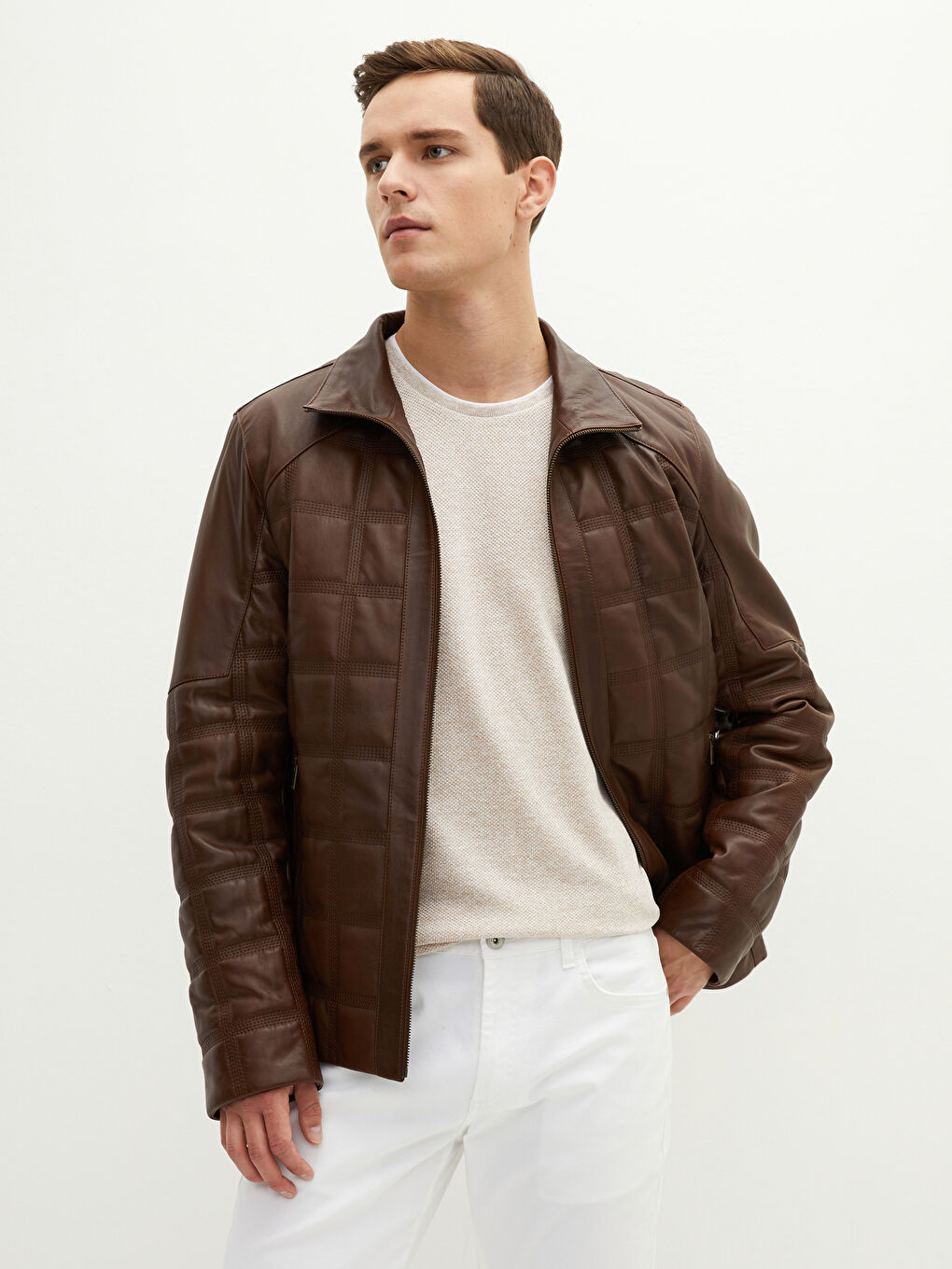 Kahverengi Standart Kalıp Dik Yaka Erkek Deri Mont-2