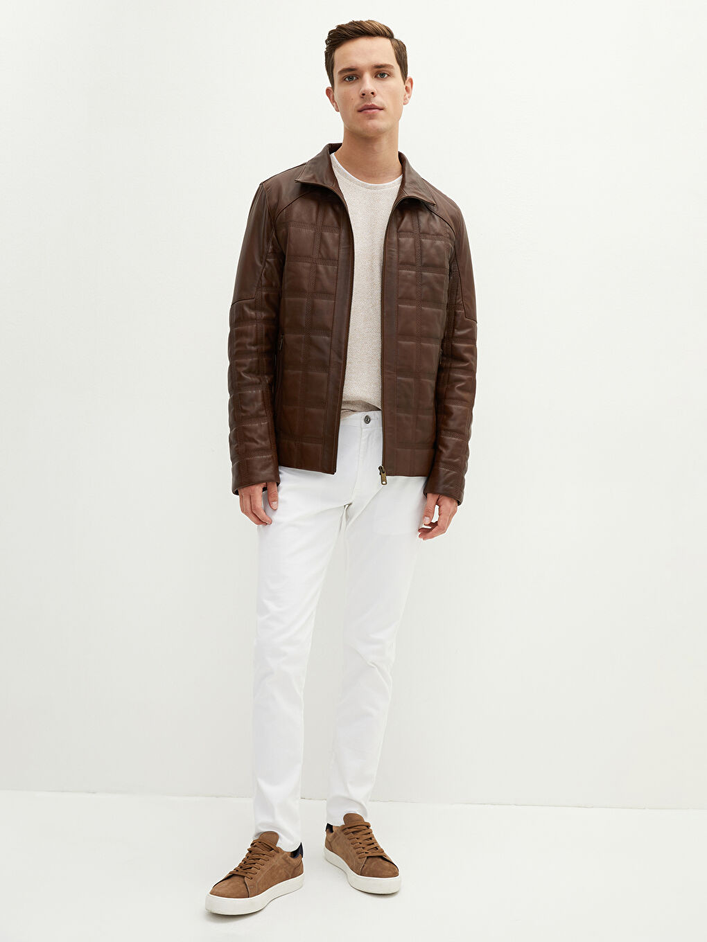 Kahverengi Standart Kalıp Dik Yaka Erkek Deri Mont-3