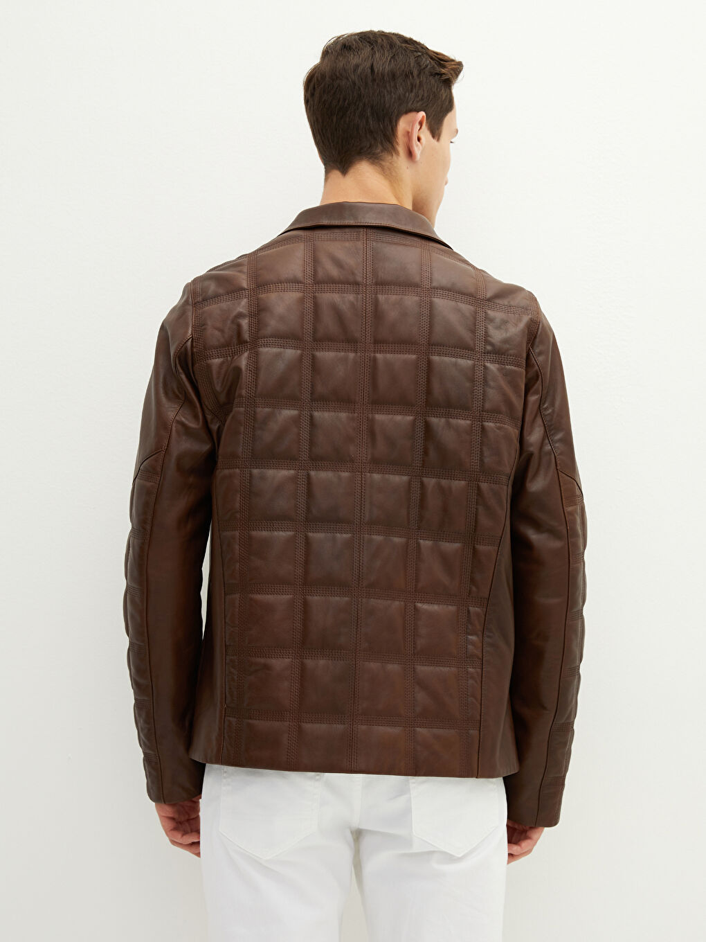 Kahverengi Standart Kalıp Dik Yaka Erkek Deri Mont-4