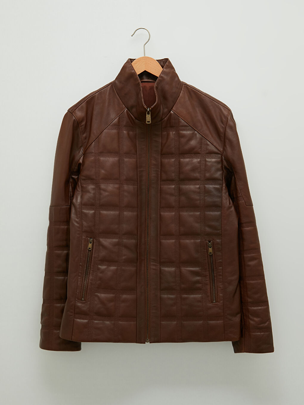 Kahverengi Standart Kalıp Dik Yaka Erkek Deri Mont-5