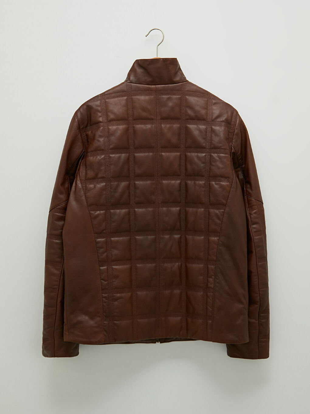 Kahverengi Standart Kalıp Dik Yaka Erkek Deri Mont-6