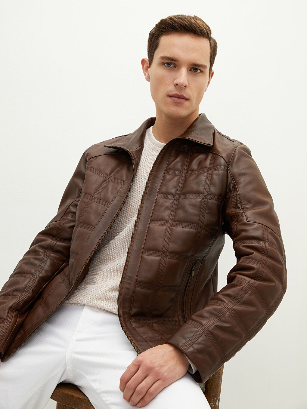 Kahverengi Standart Kalıp Dik Yaka Erkek Deri Mont