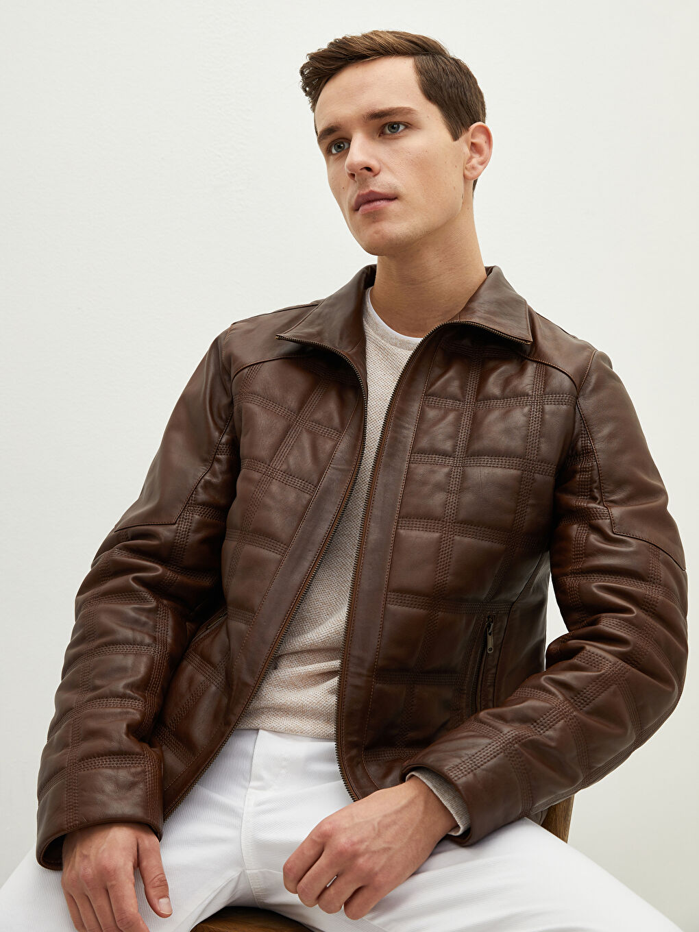 Kahverengi Standart Kalıp Dik Yaka Erkek Deri Mont-1