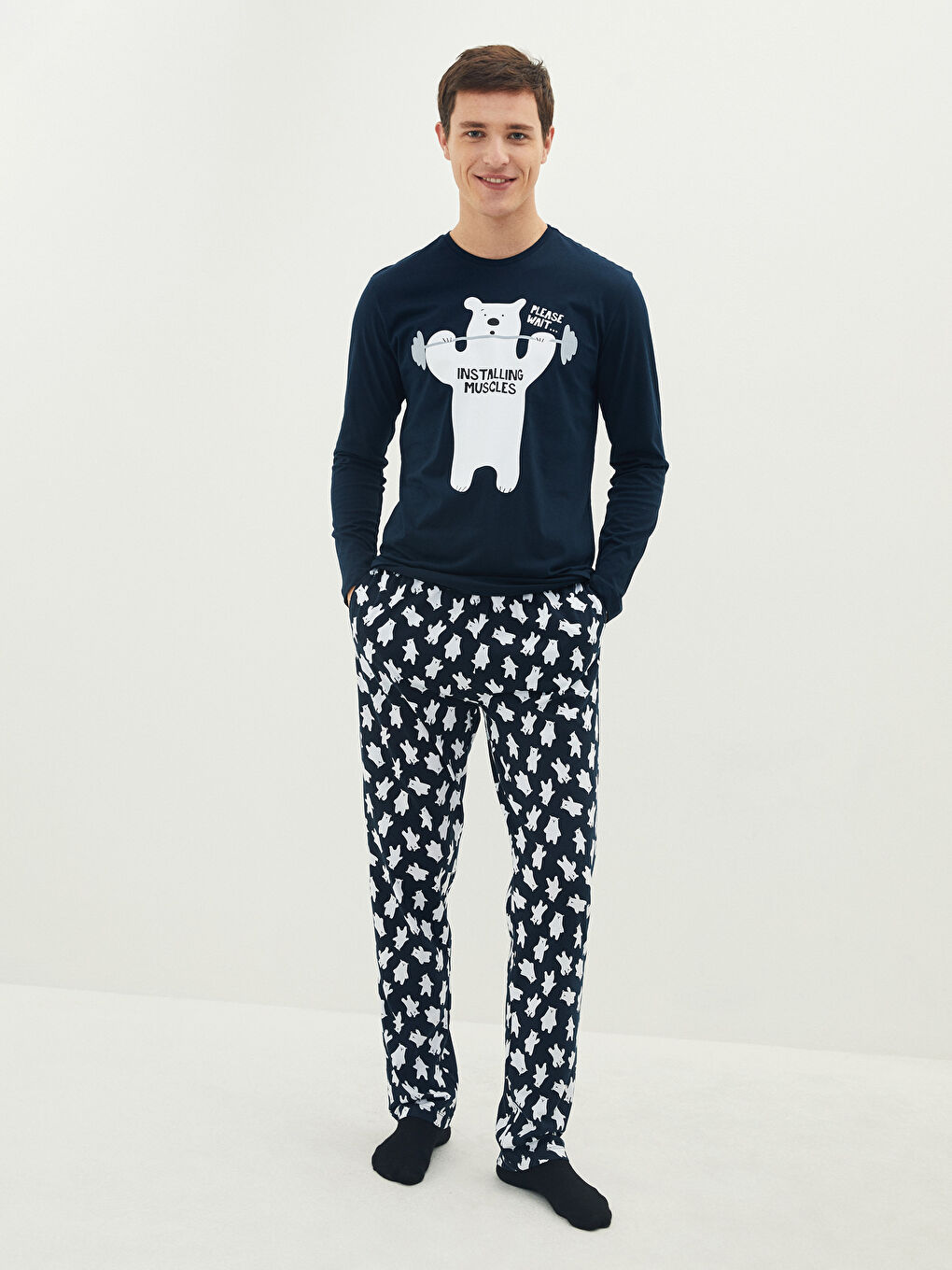 Lacivert Standart Kalıp Baskılı Erkek Pijama Takımı