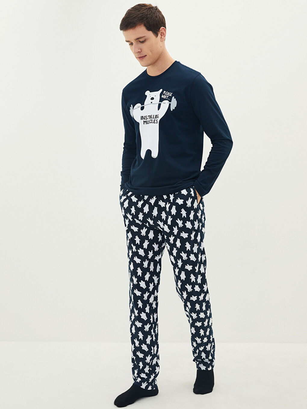 Lacivert Standart Kalıp Baskılı Erkek Pijama Takımı-1