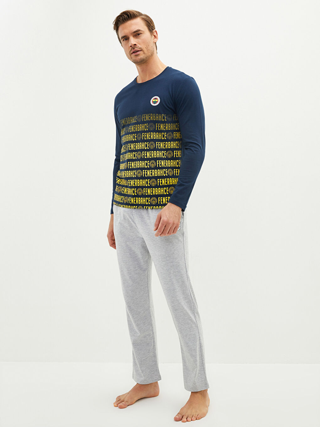 Gri Standart Kalıp Fenerbahçe Baskılı Erkek Taraftar Pijama Takımı