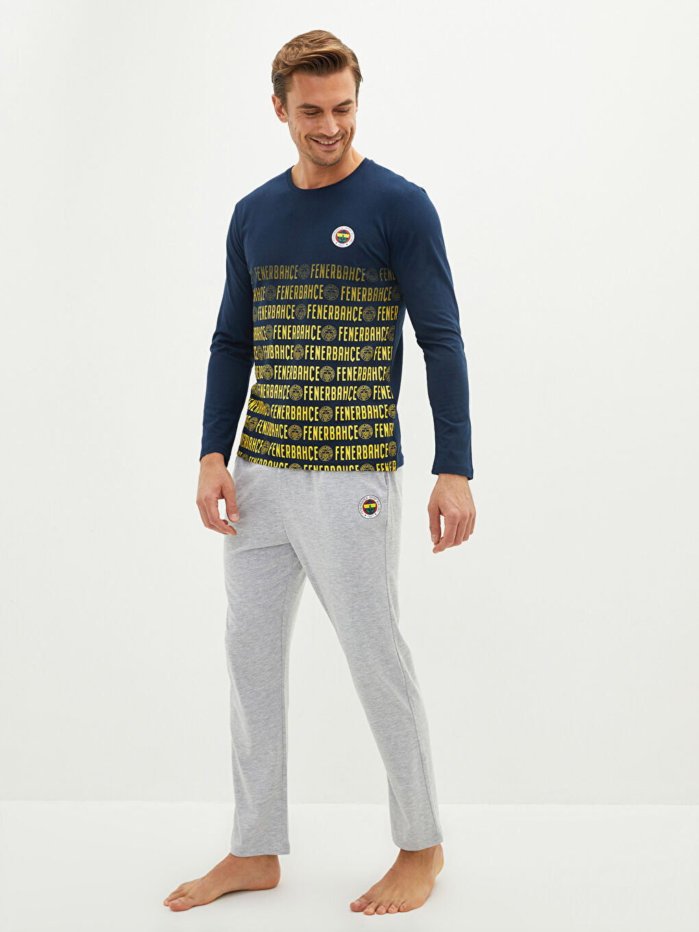 Gri Standart Kalıp Fenerbahçe Baskılı Erkek Taraftar Pijama Takımı-1