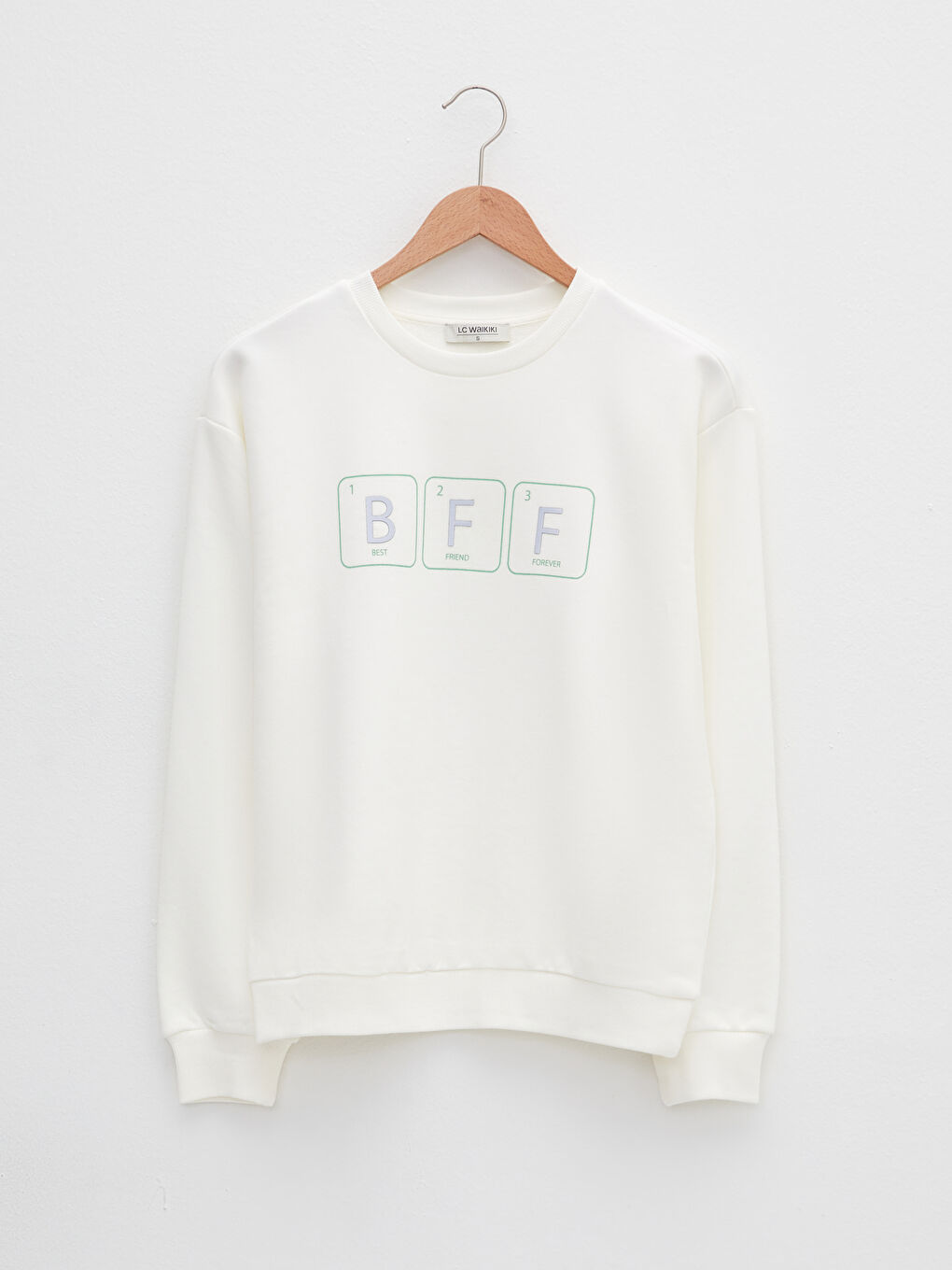 Ekru Bisiklet Yaka Baskılı Uzun Kollu Kadın Sweatshirt-5