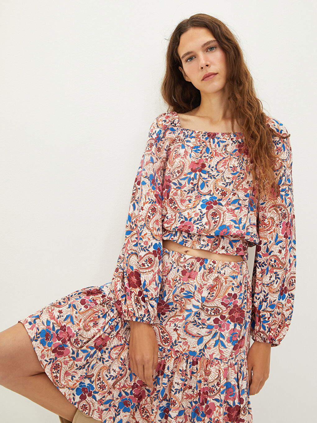 Square Collar Patterned Long Sleeve Viscose Fabric Women's Blouse-2