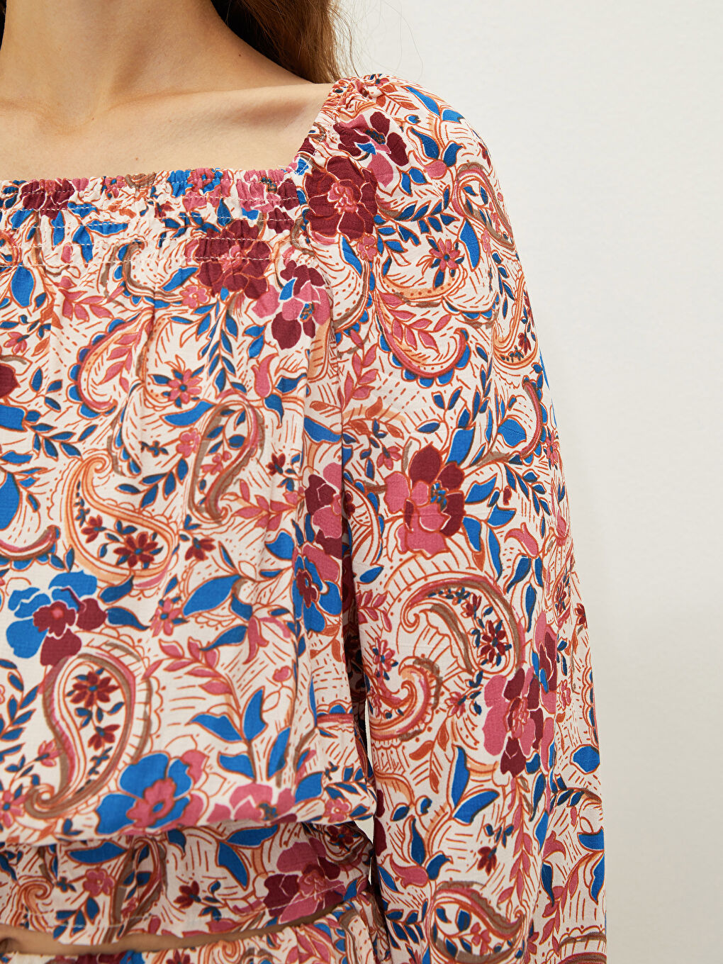 Square Collar Patterned Long Sleeve Viscose Fabric Women's Blouse-6