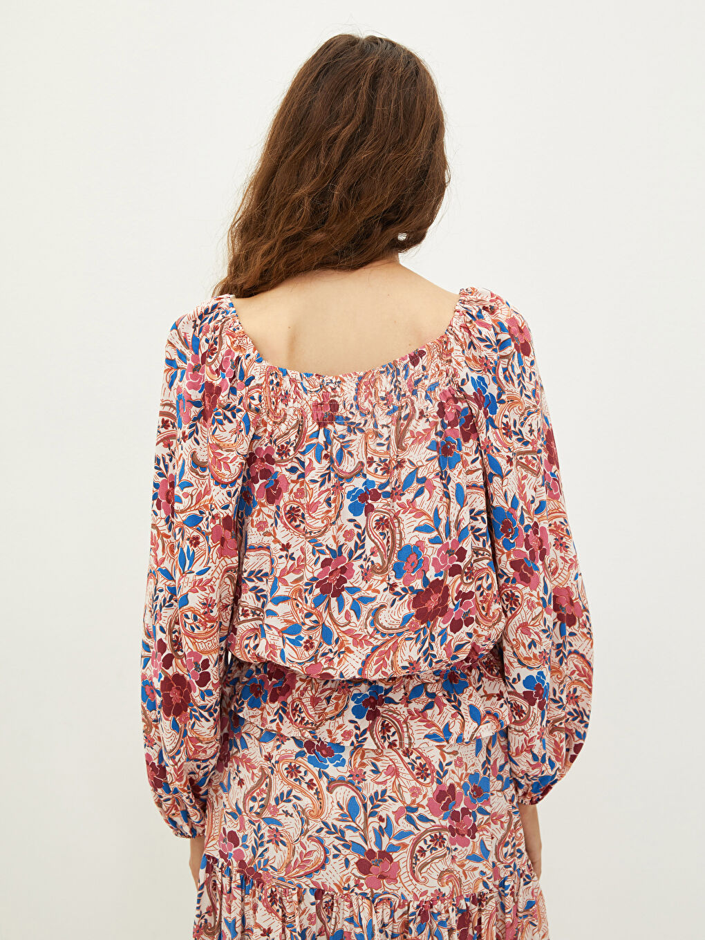 Square Collar Patterned Long Sleeve Viscose Fabric Women's Blouse-7