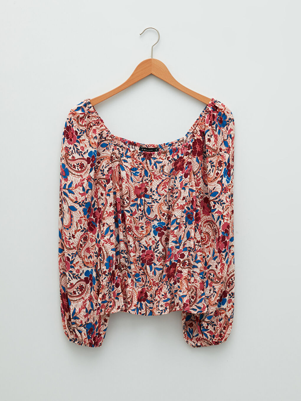 Square Collar Patterned Long Sleeve Viscose Fabric Women's Blouse-8