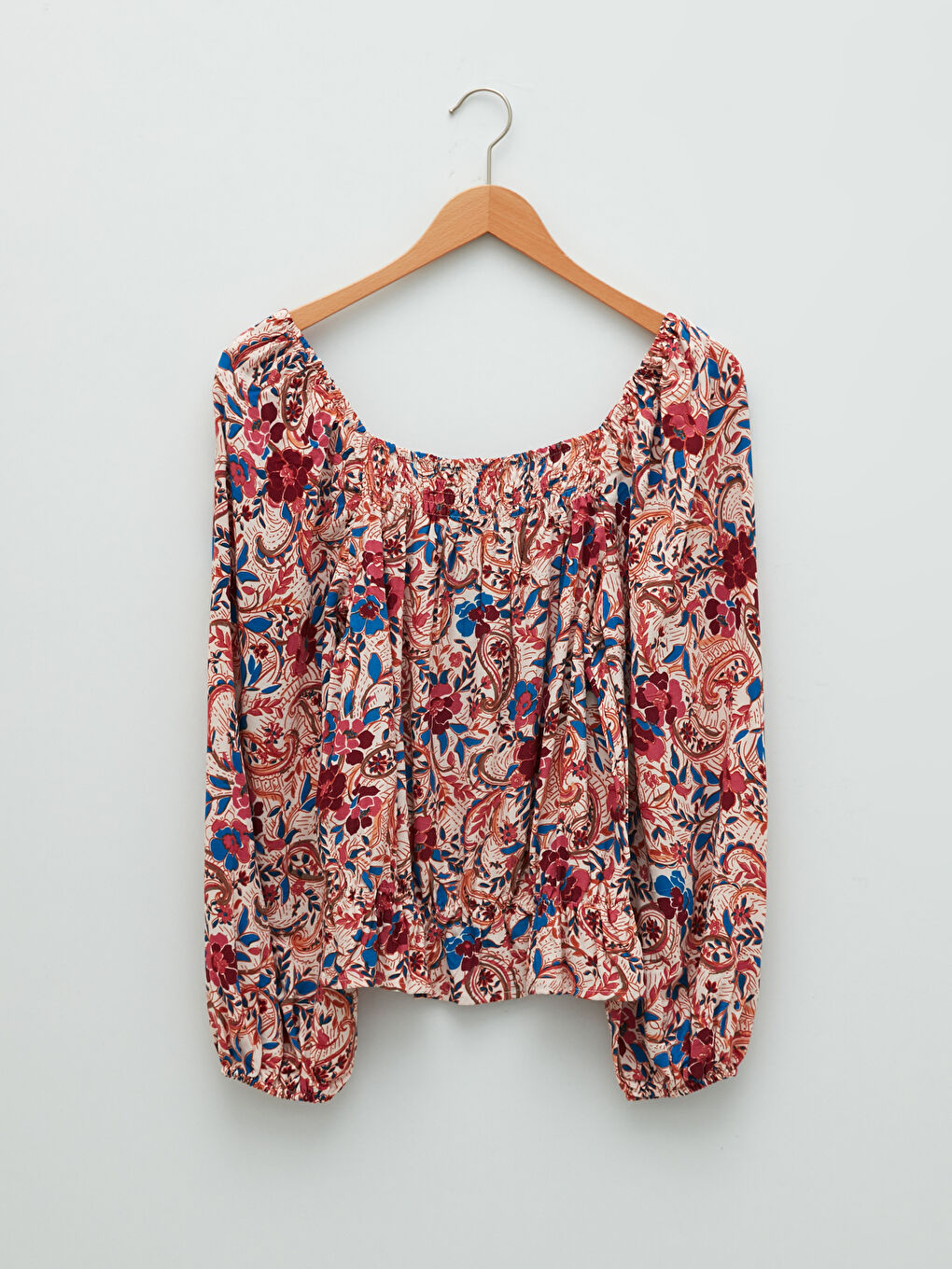 Square Collar Patterned Long Sleeve Viscose Fabric Women's Blouse-9