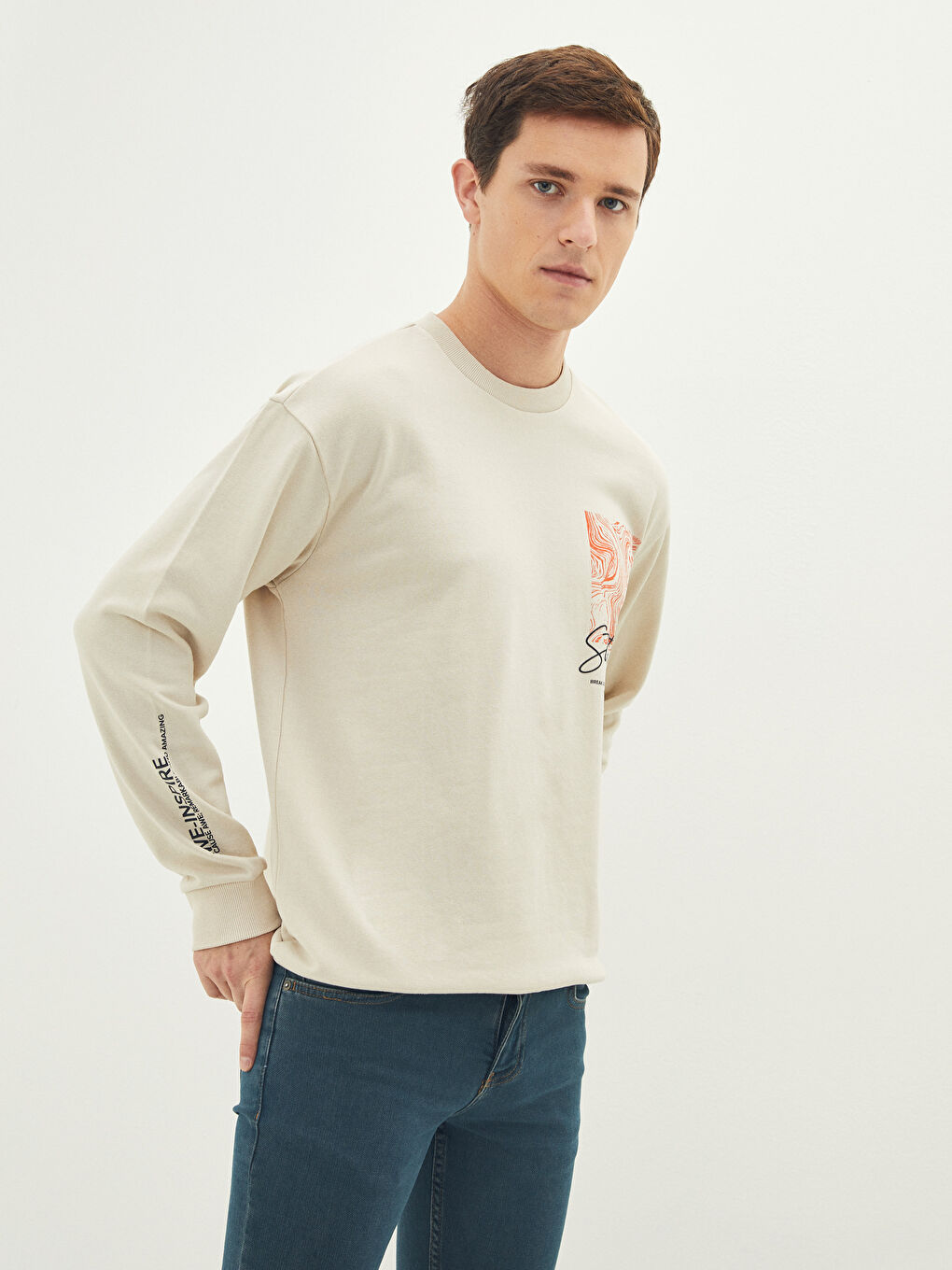 Суитчър с кръгло деколте, отпечатан, плътен за мъже-1