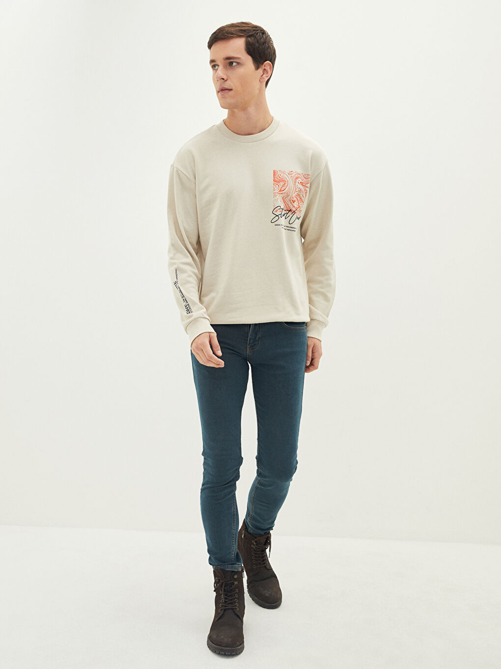 Суитчър с кръгло деколте, отпечатан, плътен за мъже-3