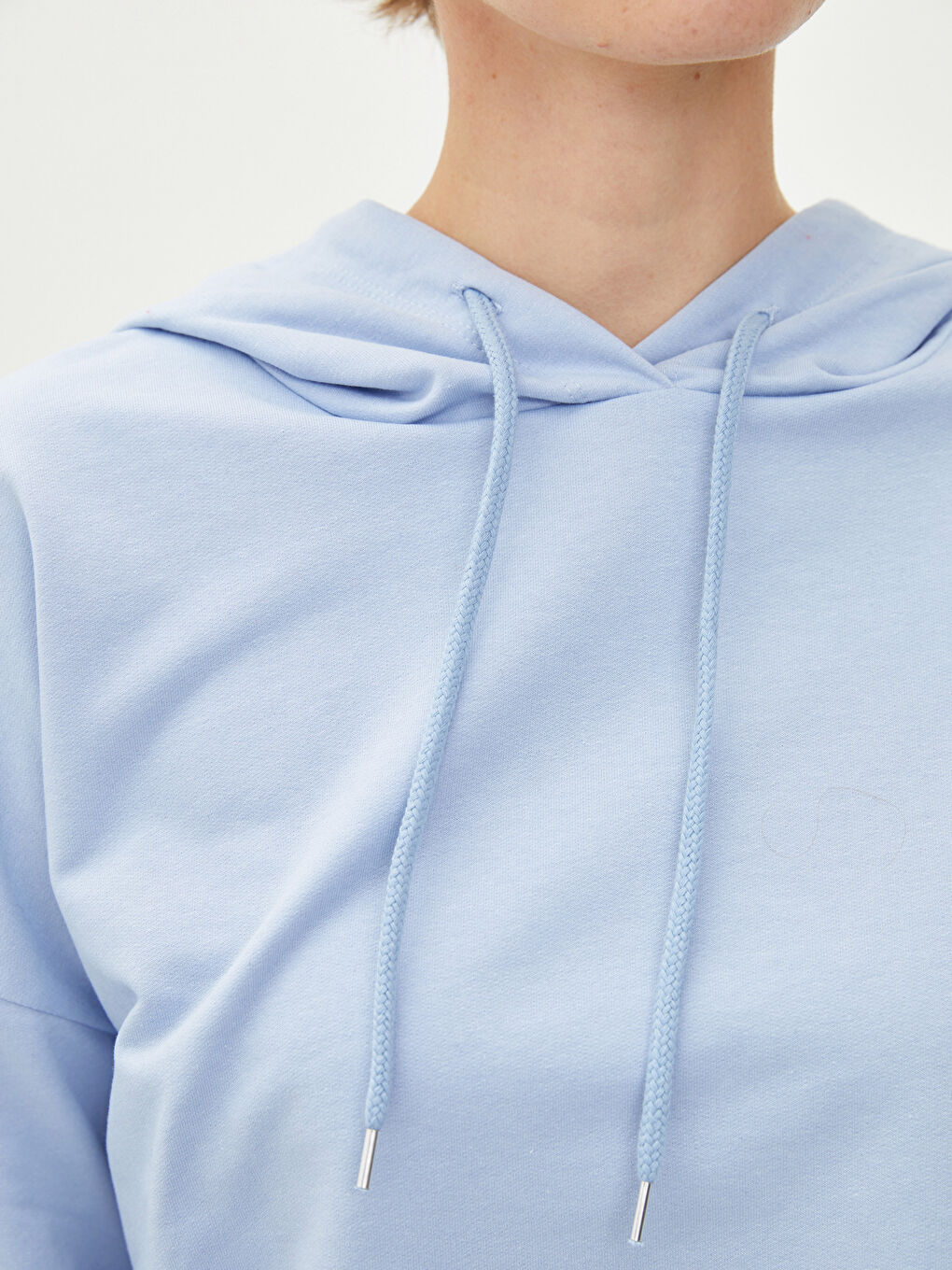 Mavi Kapüşonlu Düz Uzun Kollu Kadın Sweatshirt-3