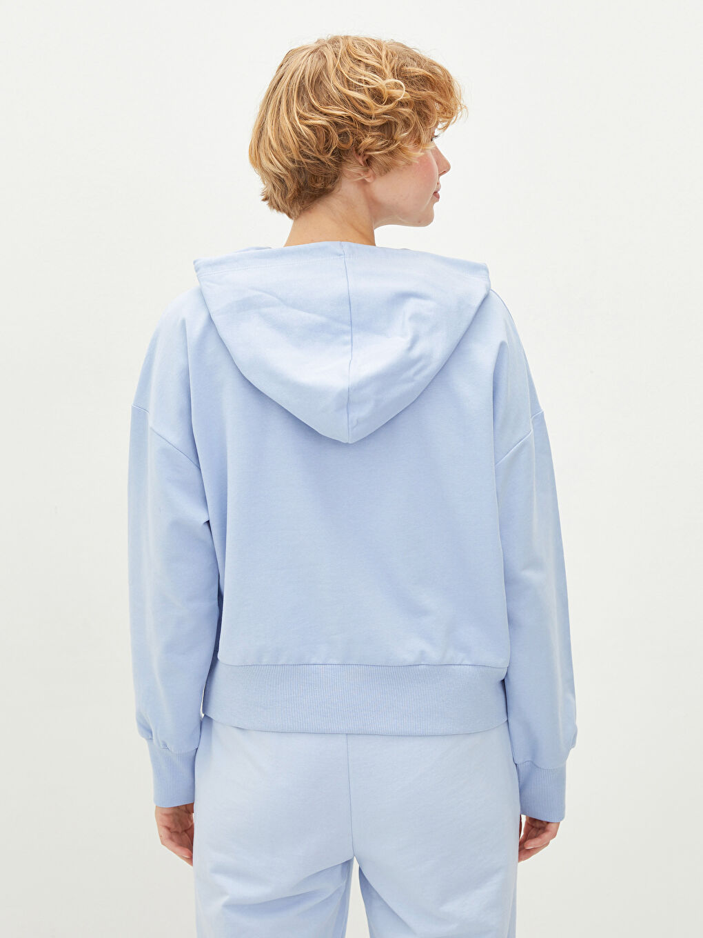 Mavi Kapüşonlu Düz Uzun Kollu Kadın Sweatshirt-4