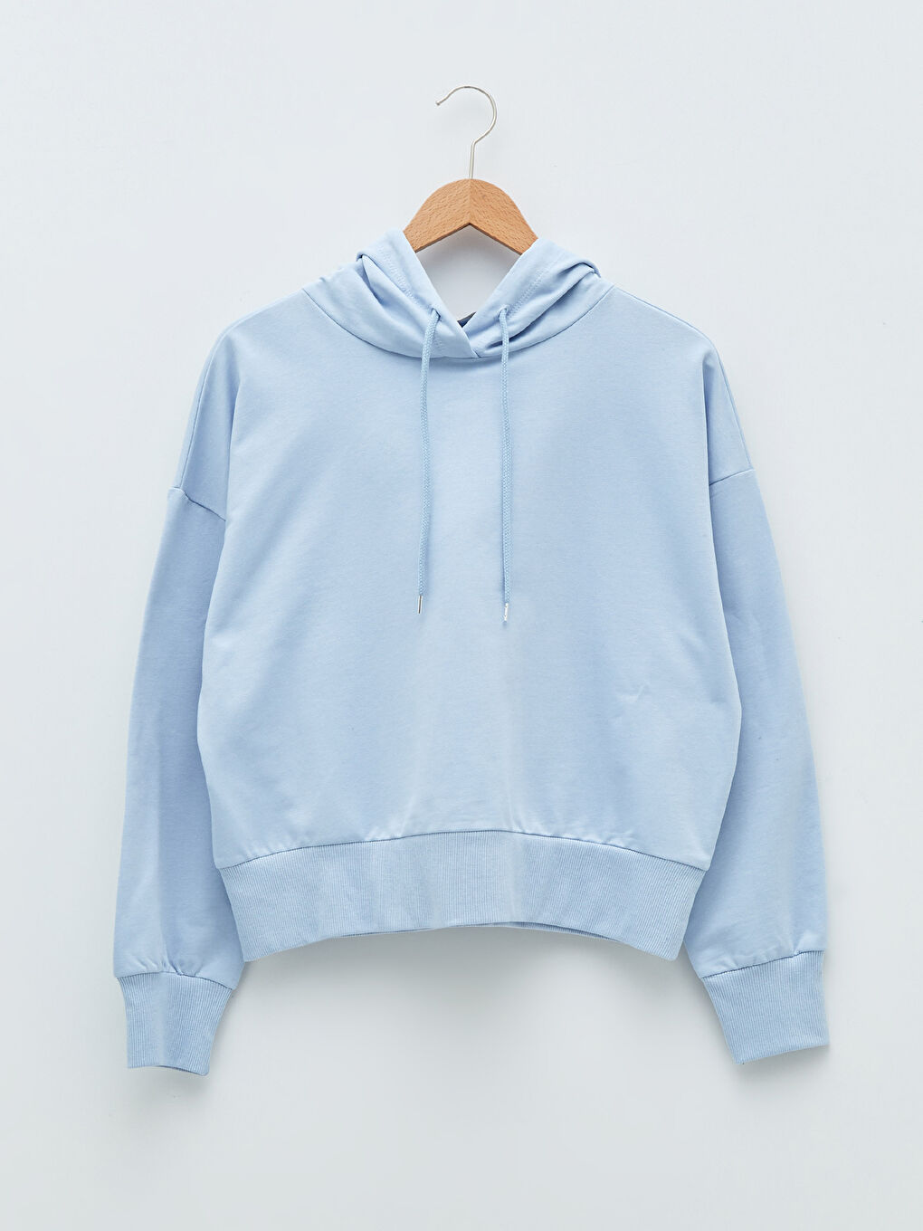 Mavi Kapüşonlu Düz Uzun Kollu Kadın Sweatshirt-5