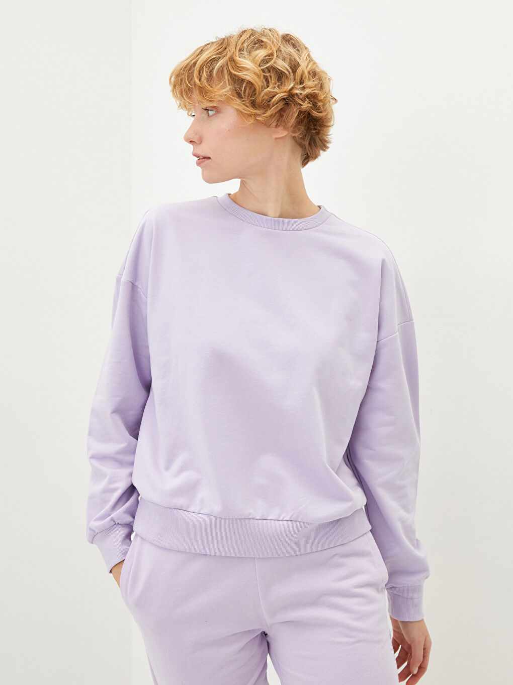 Lila Bisiklet Yaka Düz Uzun Kollu Kadın Sweatshirt