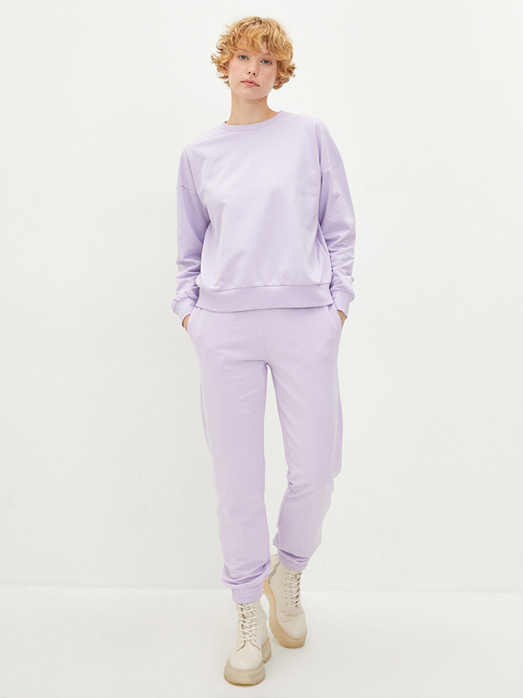 Lila Bisiklet Yaka Düz Uzun Kollu Kadın Sweatshirt-1