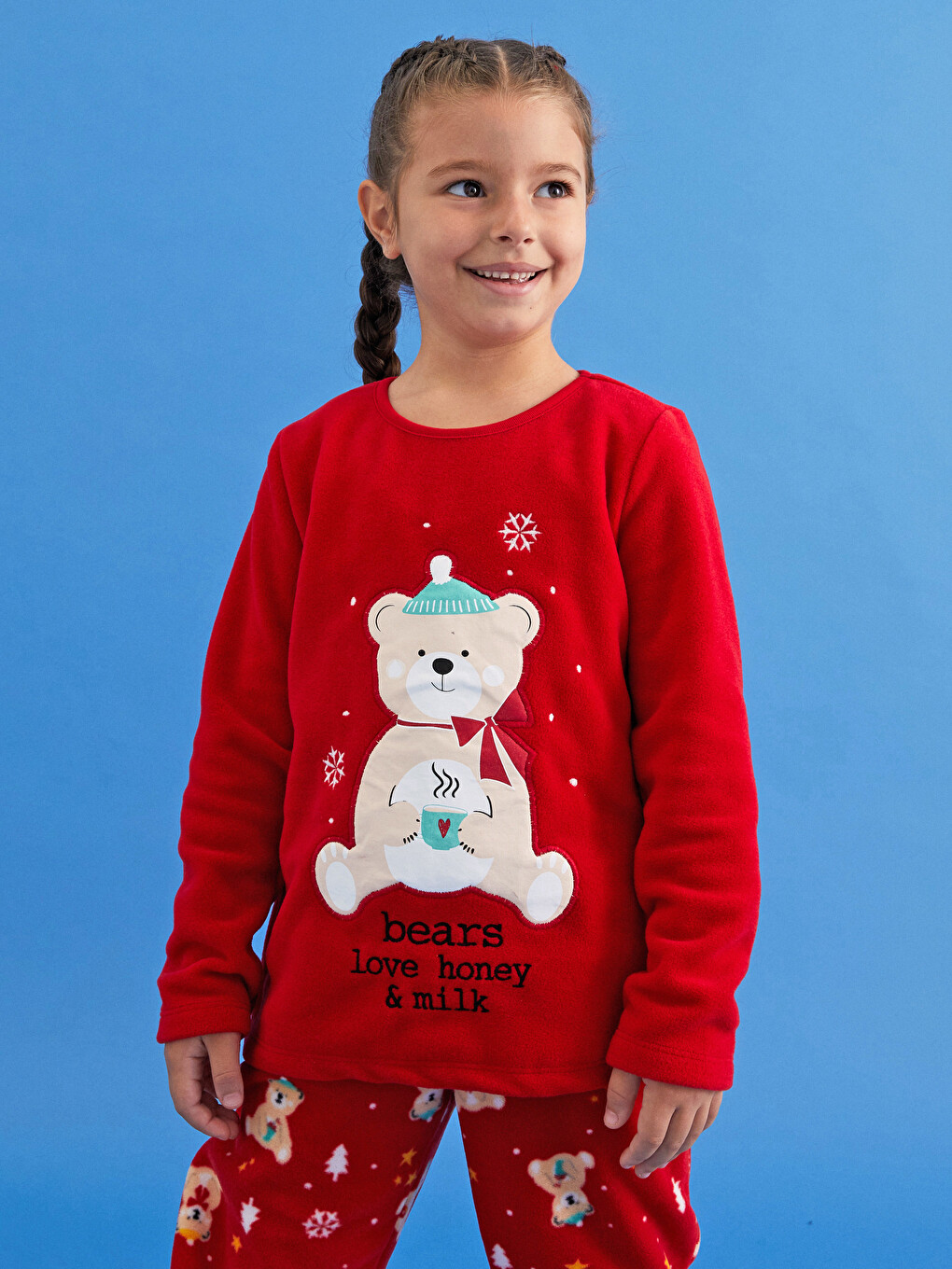 Crew Neck New Year Themed Long Sleeve Fleece Girls' Pajamas Set-1