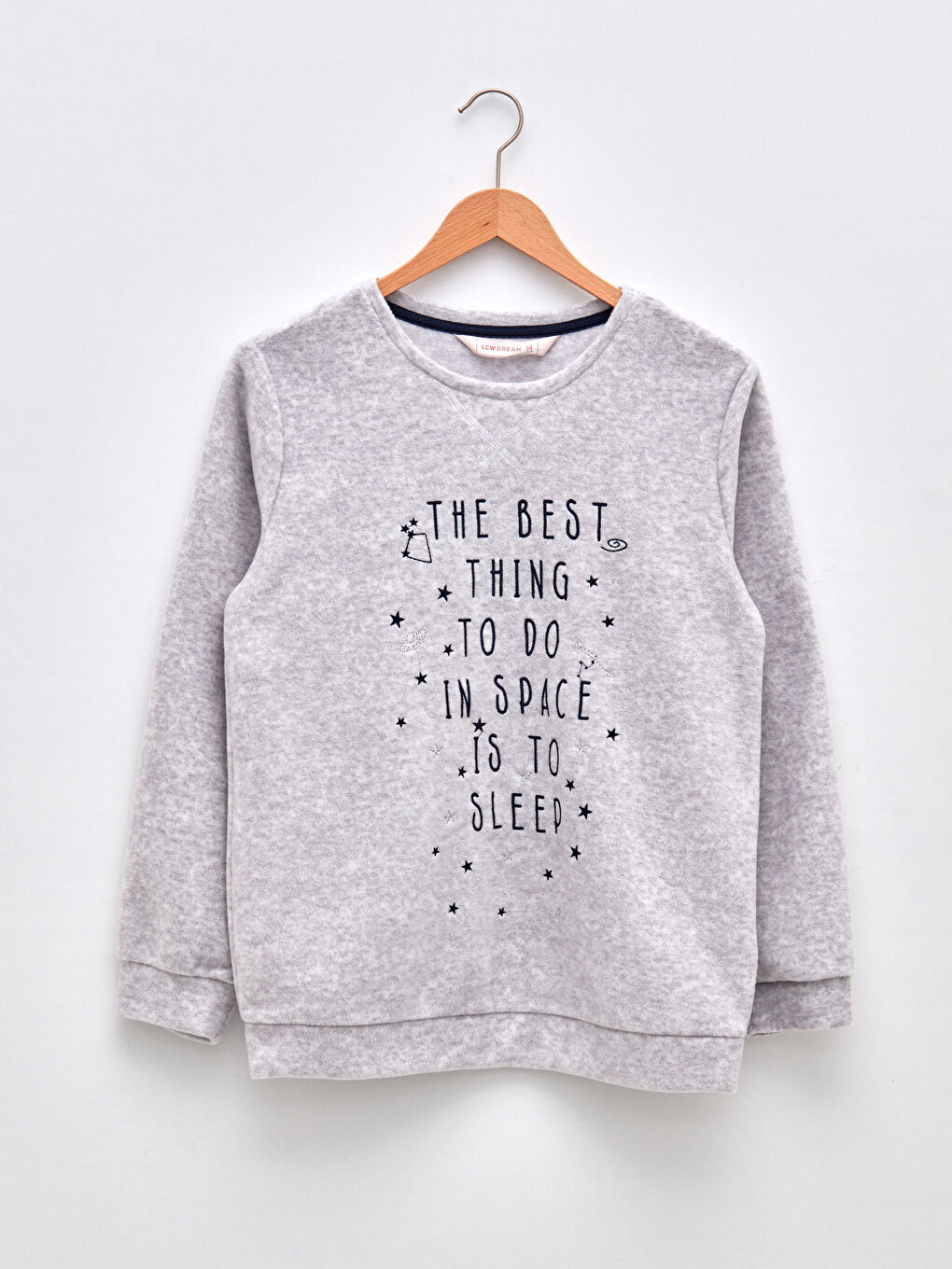 Gri Bisiklet Yaka Baskılı Uzun Kollu Polar Kadın Pijama Takımı-11