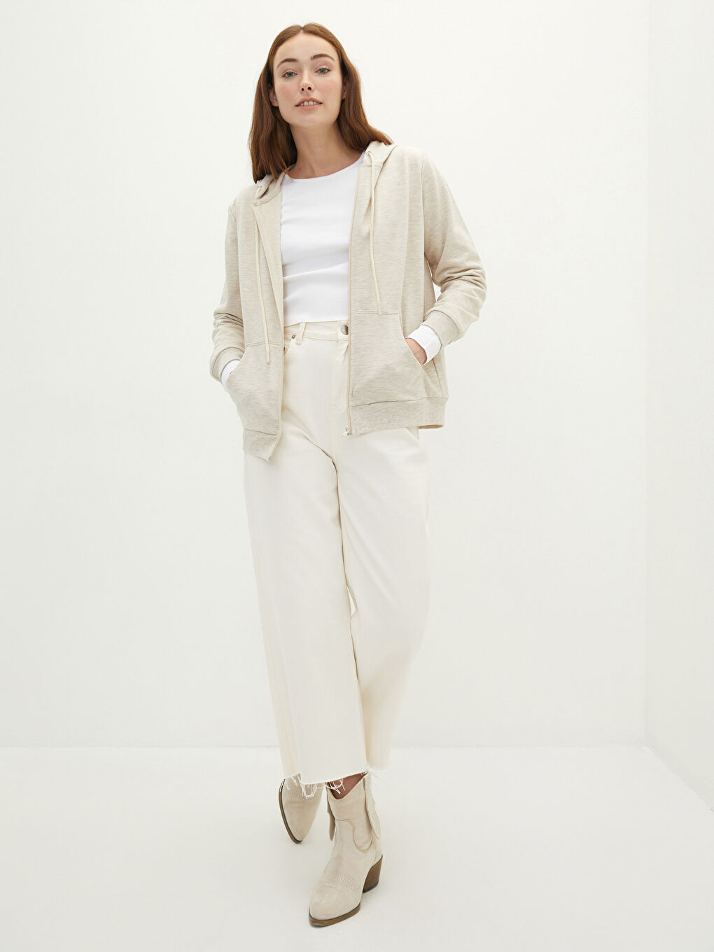 Bej Kapüşonlu Düz Uzun Kollu Kadın Hırka-2