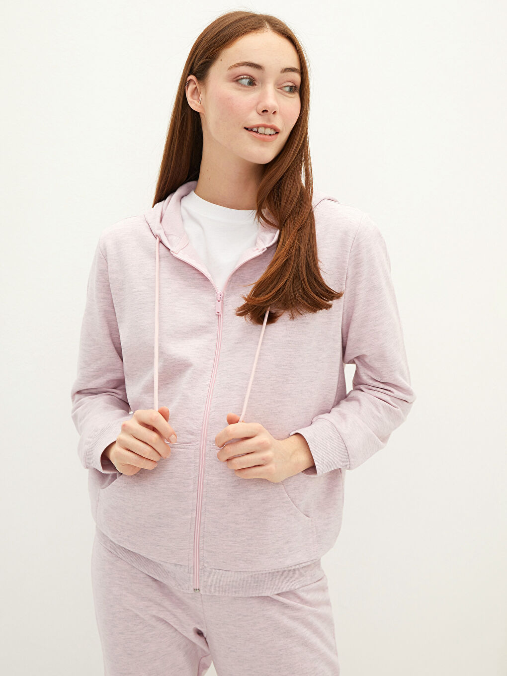 Pembe Kapüşonlu Düz Uzun Kollu Kadın Hırka