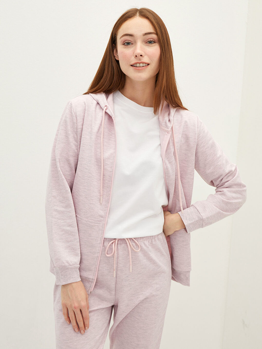 Pembe Kapüşonlu Düz Uzun Kollu Kadın Hırka-1