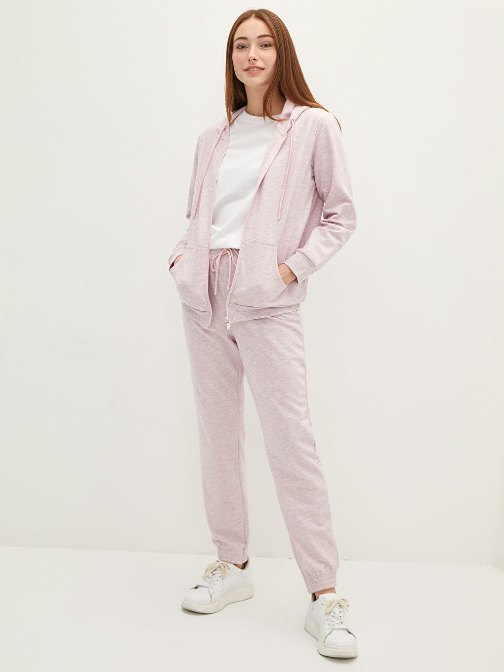 Pembe Kapüşonlu Düz Uzun Kollu Kadın Hırka-3