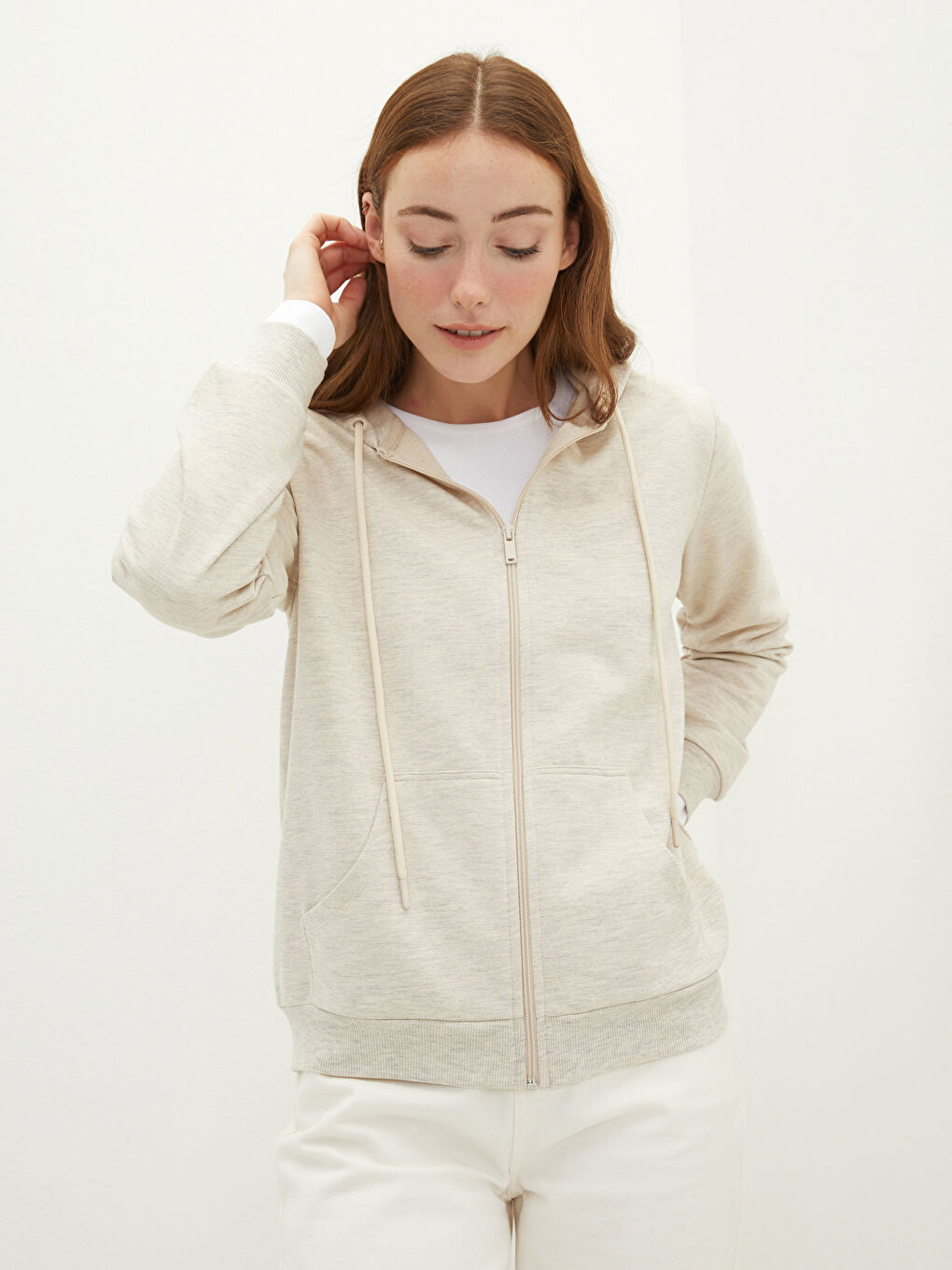 Bej Kapüşonlu Düz Uzun Kollu Kadın Hırka-1