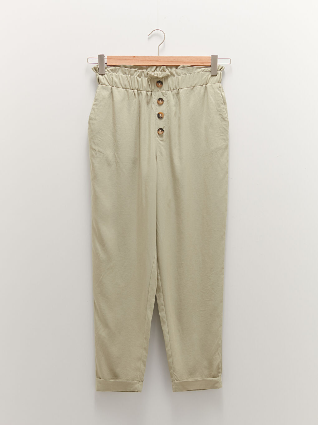 Yeşil Yüksek Bel Bol Fit Cep Detaylı Kadın Pantolon-4