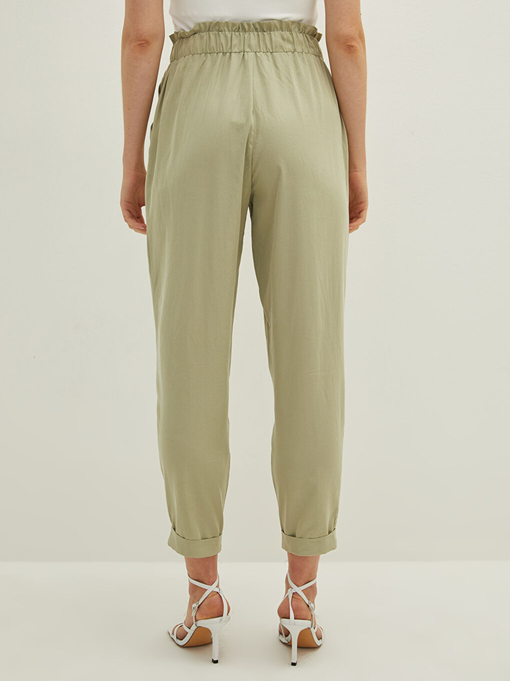 Yeşil Yüksek Bel Bol Fit Cep Detaylı Kadın Pantolon-3