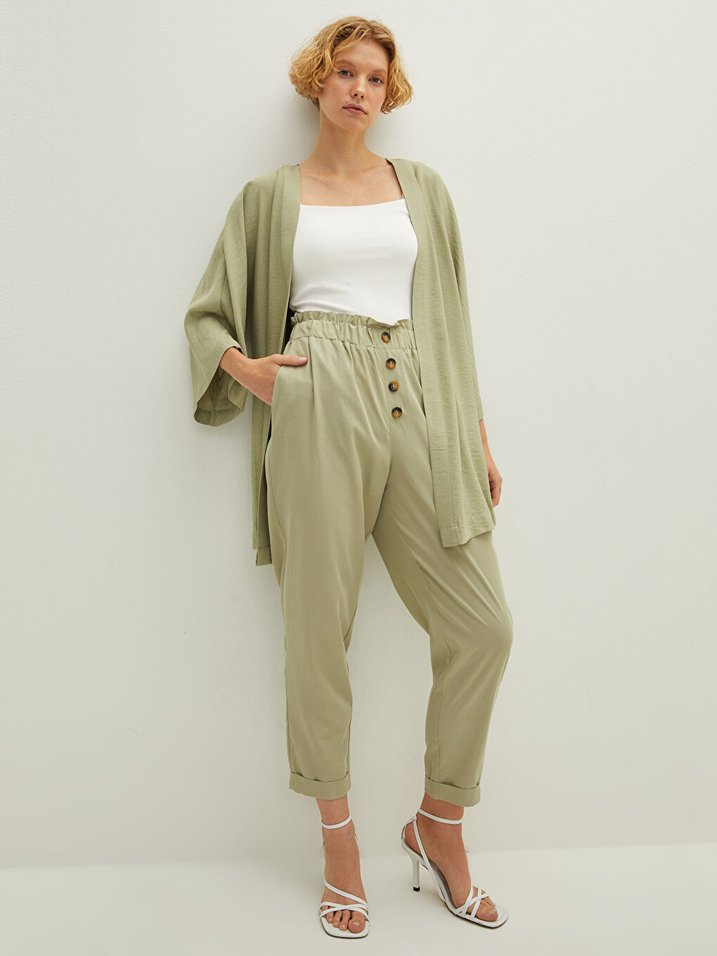 Yeşil Yüksek Bel Bol Fit Cep Detaylı Kadın Pantolon