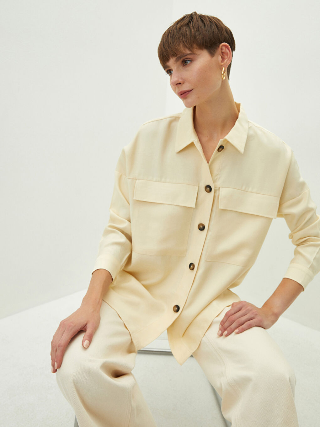 LCW Vision Front Button Closure Plain Long Sleeved Women's Shirt -W1EU15Z8-FPT