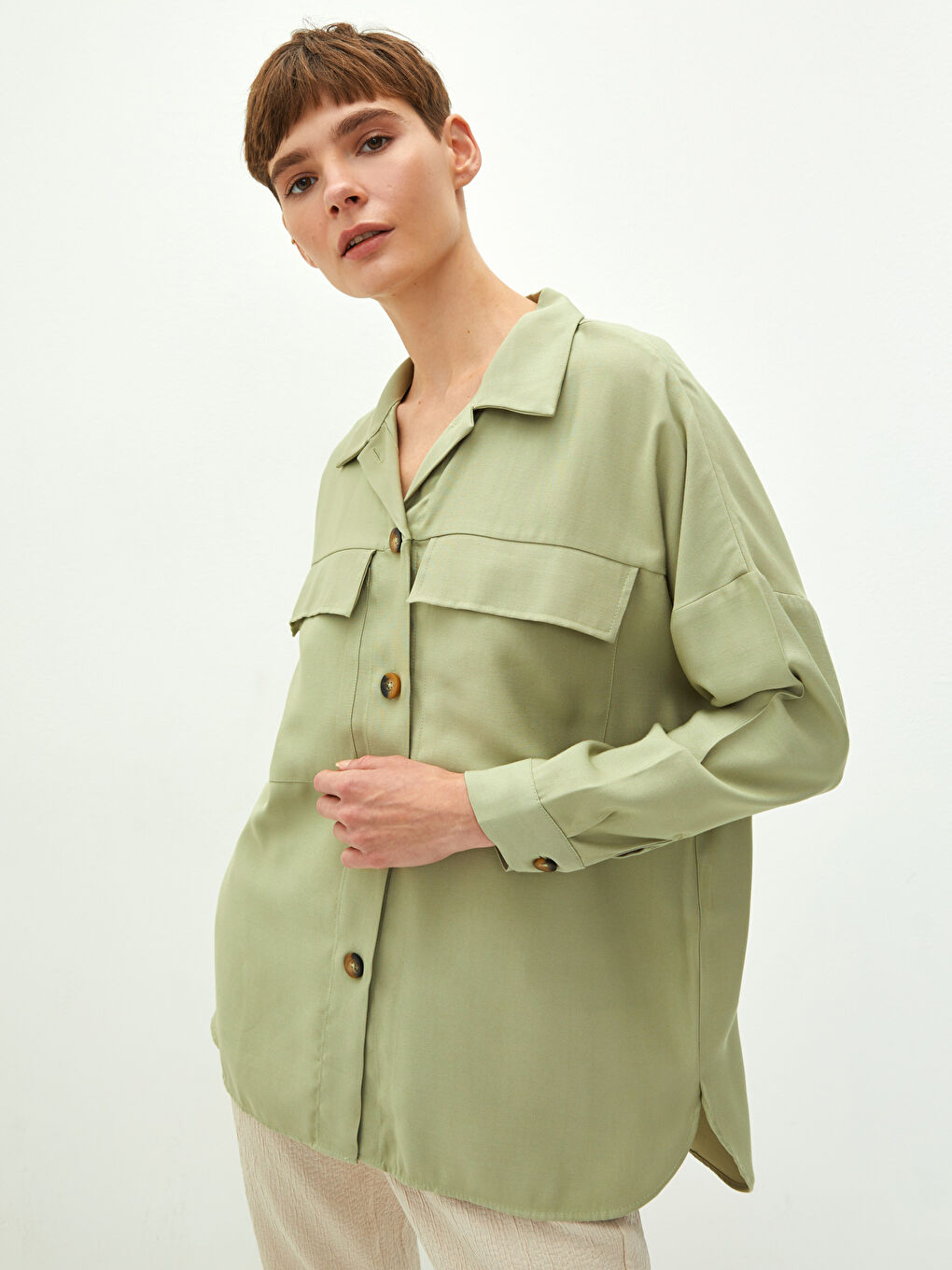 LCW Vision Front Button Closure Plain Long Sleeved Women's Shirt -W1EU15Z8-GHY