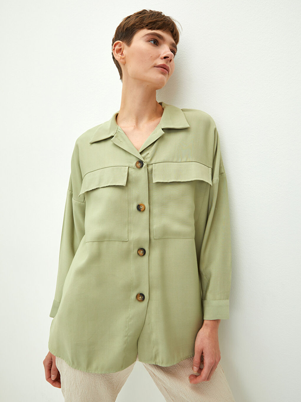 LCW Vision Front Button Closure Plain Long Sleeved Women's Shirt -W1EU15Z8-GHY