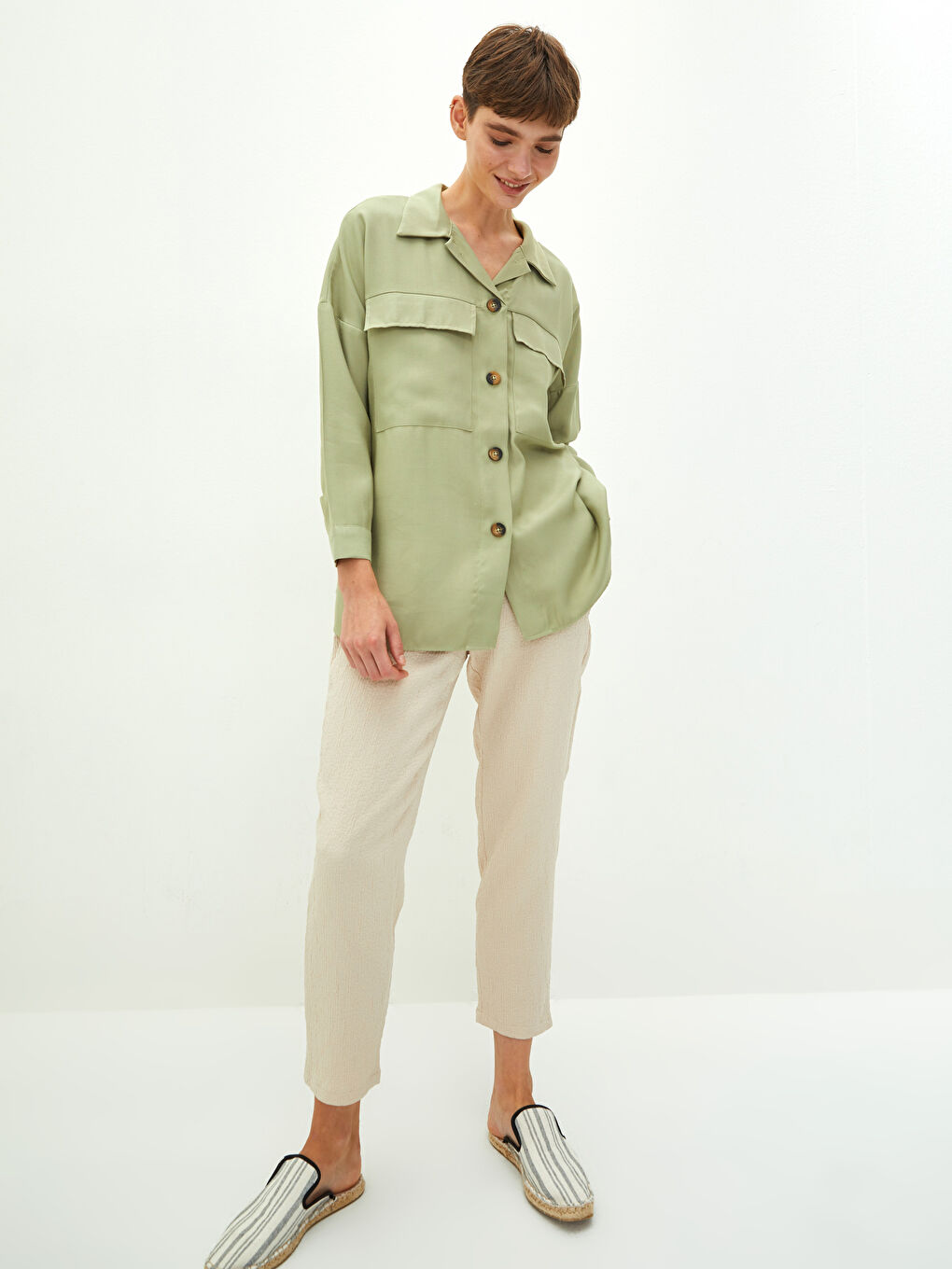 LCW Vision Front Button Closure Plain Long Sleeved Women's Shirt -W1EU15Z8-GHY