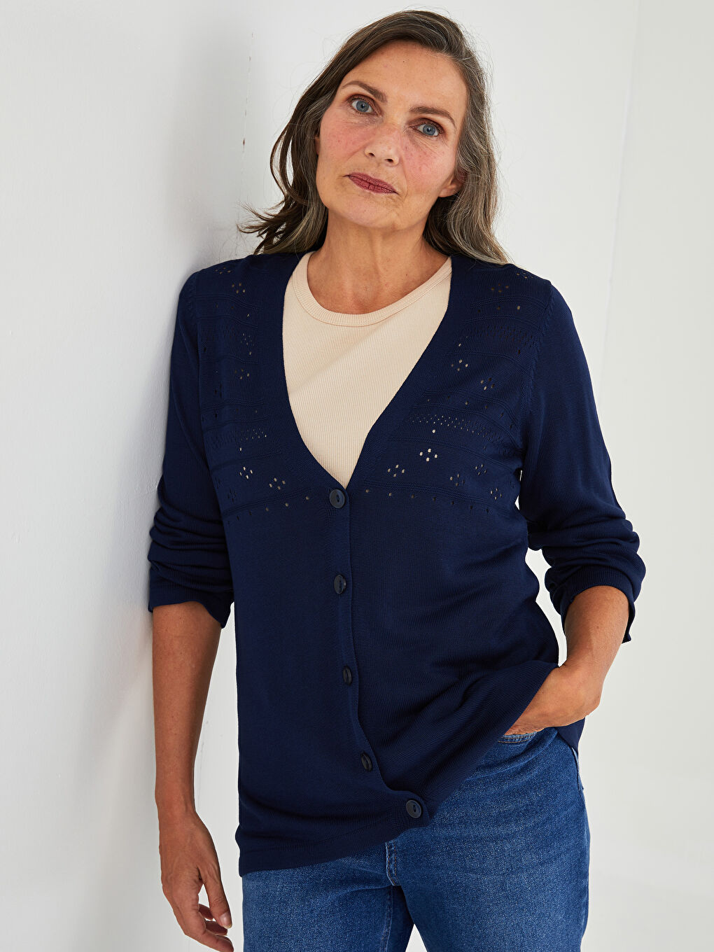LCW Grace V-Neck Patterned Long Sleeve Viscose Women's Cardigan -W1EU16Z8-E1J