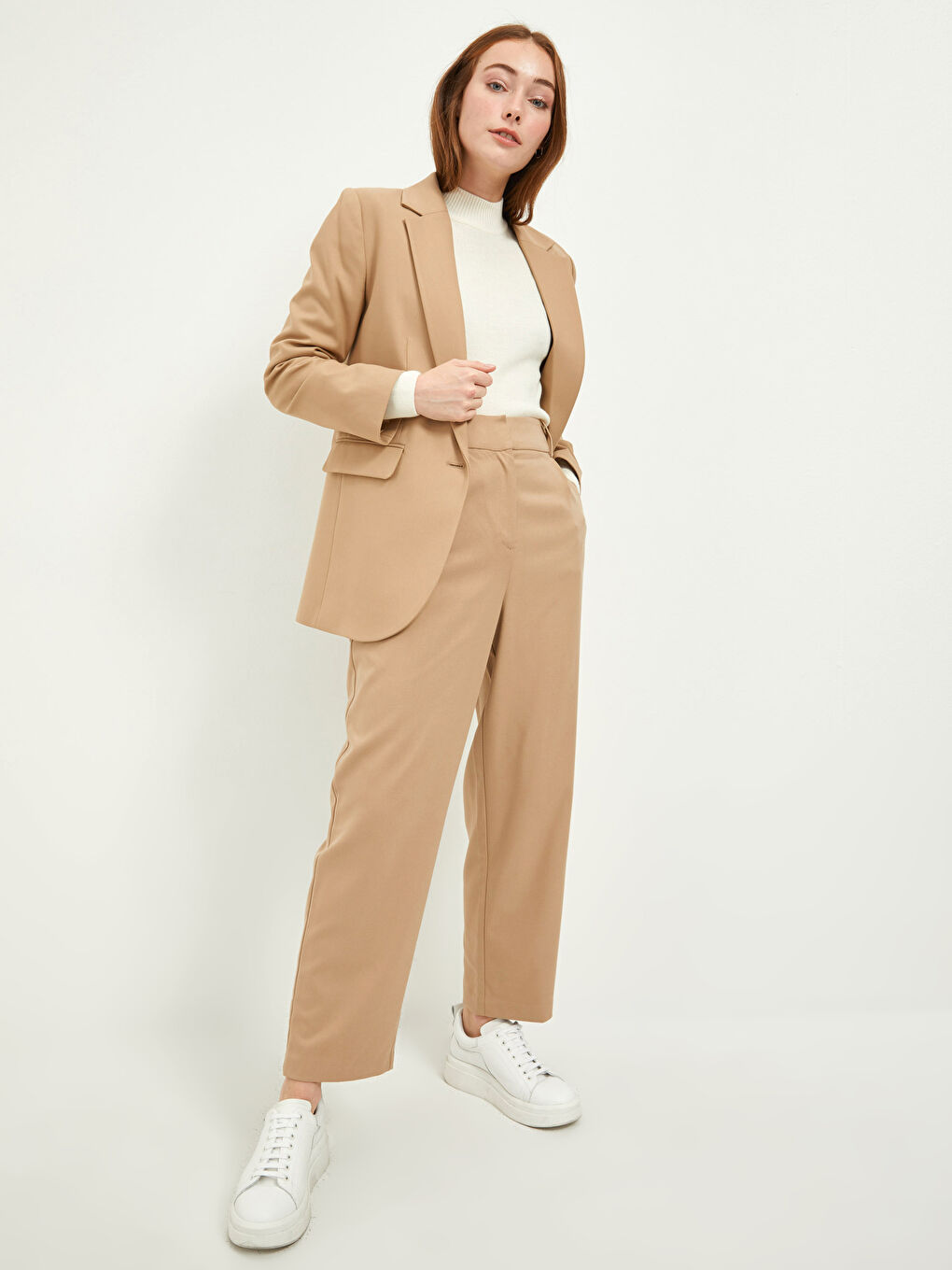 Bej Önden Düğmeli Düz Uzun Kollu Kadın Blazer Ceket-2